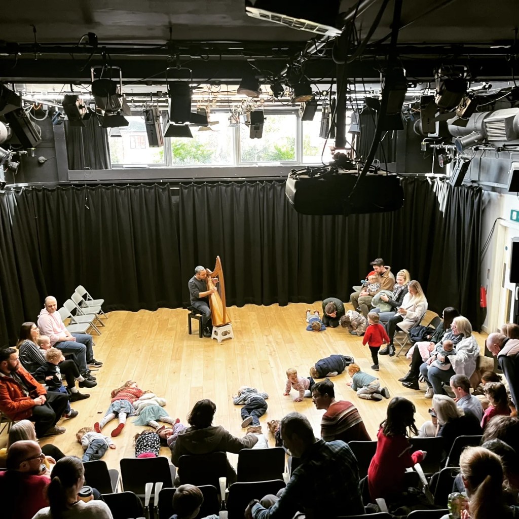 Mark playing harp at Seven Arts Theatre in Leeds.